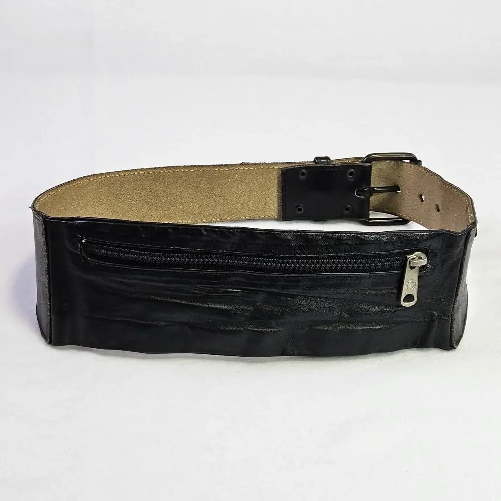 VTG Brazilian Leather Money Belt S Black Zippered Pouch Wide Biker Goucho Travel